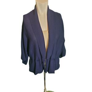 Margaret O'Leary Cardigan Sweater Wool Kimono Sleeve Peplum Navy Blue Sz L